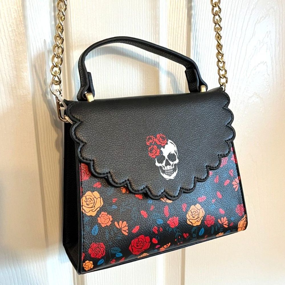 4/$100 Like Dreams Rose Skull Scalloped Flap Close Leather Crossbody NWT